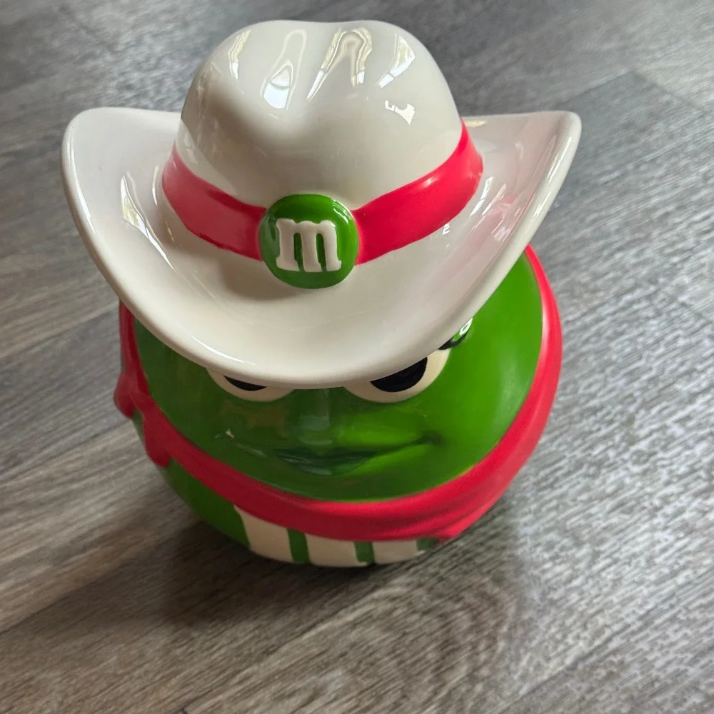 M&M's Candy Jar Green Character Cowboy Hat Ceramic Green White Pink Galerie